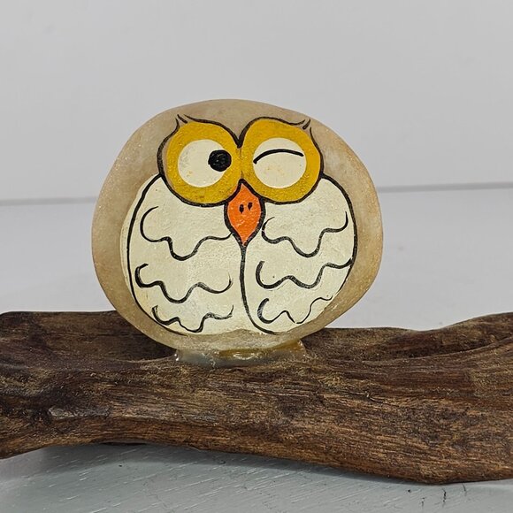 Hand Painted Owl Rock Decor on Driftwood Unique Home Office Art Gift MCM - Picture 7 of 7